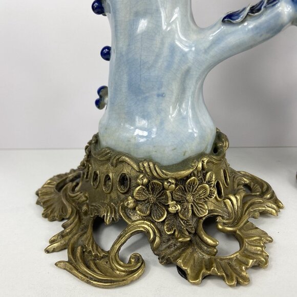Pair of Vtg Porcelain & Brass ? Ormolu 14” Candlestick Holders Blue Bird Parrot - Picture 9 of 15
